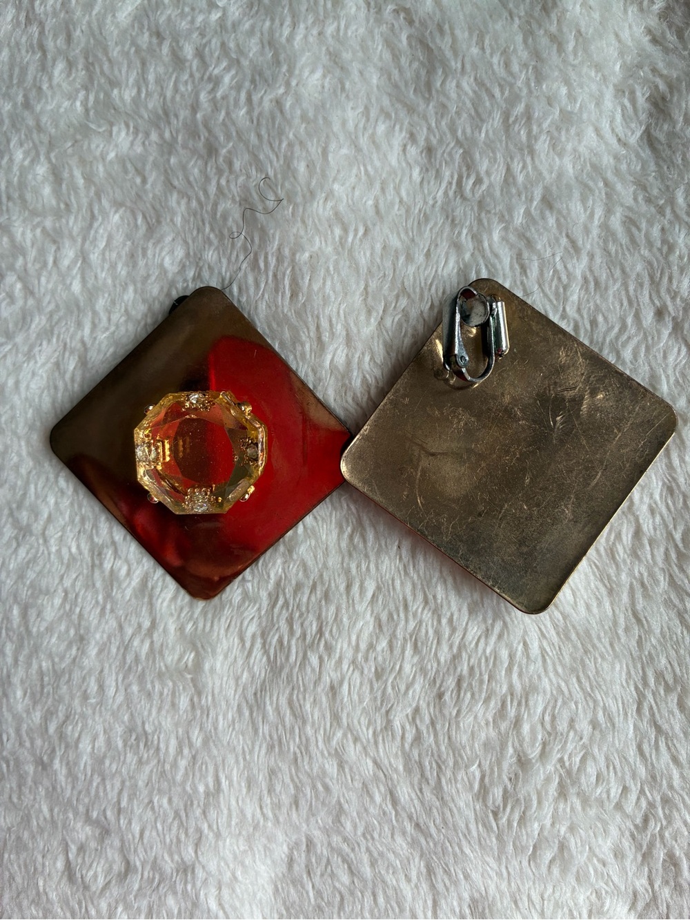 Vintage-Inspired Gold Square Clip-On Earrings with Clear Jeweled Accent
